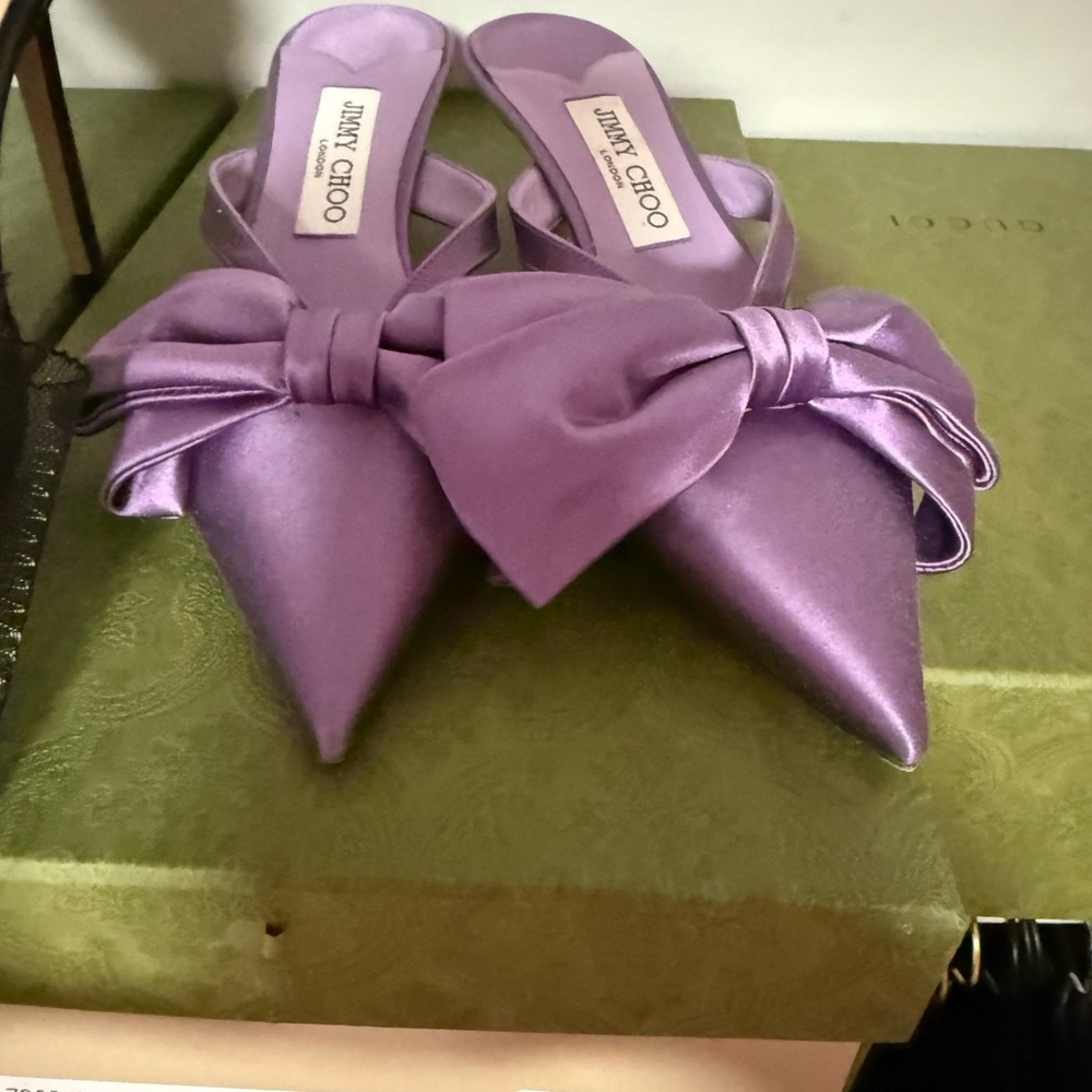 Jimmy Choo Lavender Satin Bow Pointed Mules